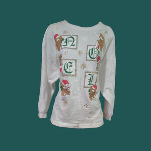 White Hanes Her Way Christmas sweater with teddy bears and snowflakes